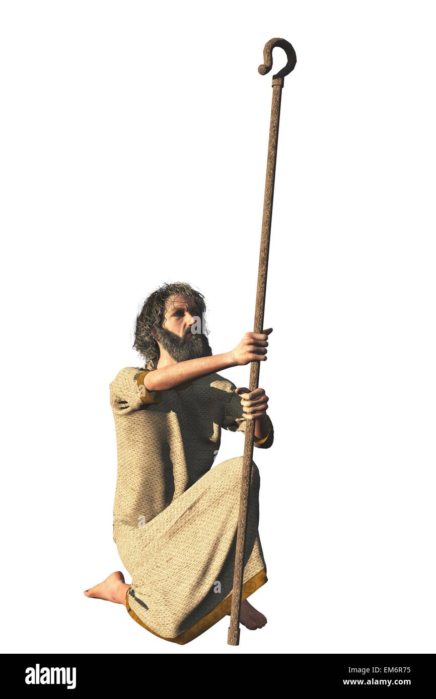 Generico isolato eremita figura nelle vesti in ginocchio e tenendo pastore crook che potrebbe rappresentare vari personaggi biblici Foto Stock