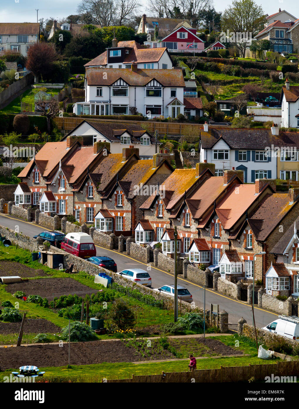 Case a schiera sul pendio di una collina in una birra piccola località balneare di villaggio in South Devon England Regno Unito popolare con i pensionati Foto Stock