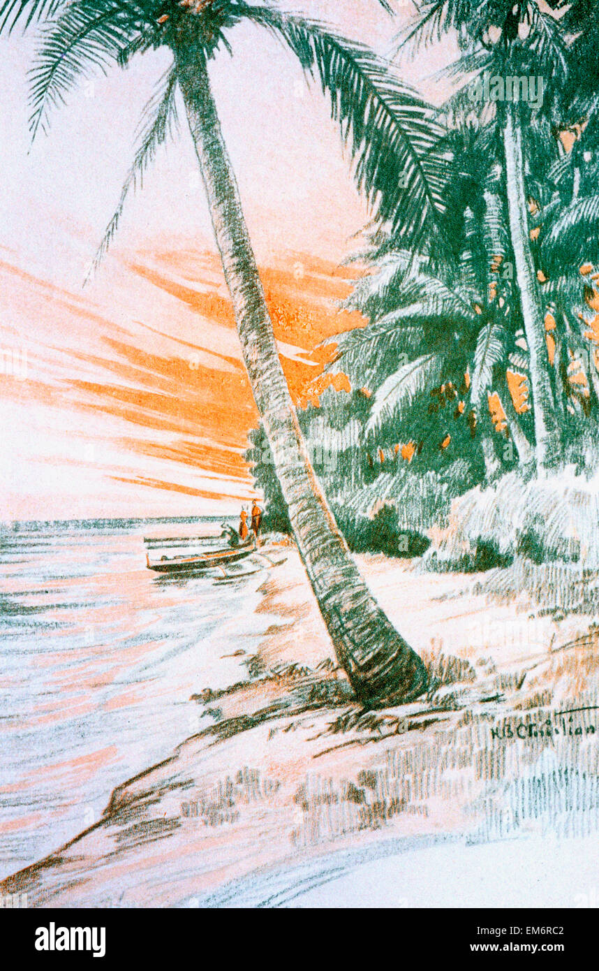 C.1926, M.P. L'arte cristiana, spiaggia hawaiana scena con un paio di canoa outrigger. Foto Stock