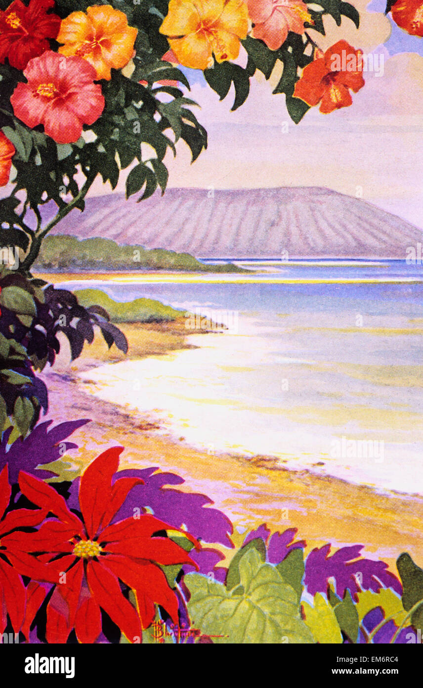 C.1935, M.P. Christian, Hawaii, Oahu, vista di Koko Head, Riva e fiori. Foto Stock