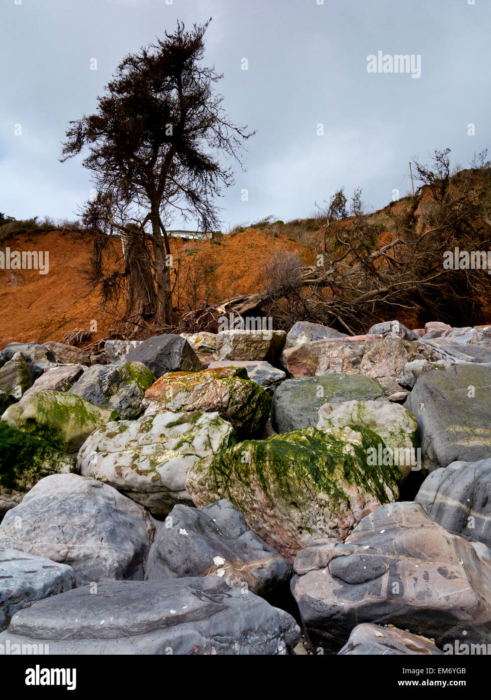 Una fotografia di rocce utilizzate come le difese costiere sotto erose scogliere a Seaton East Devon England Regno Unito Foto Stock