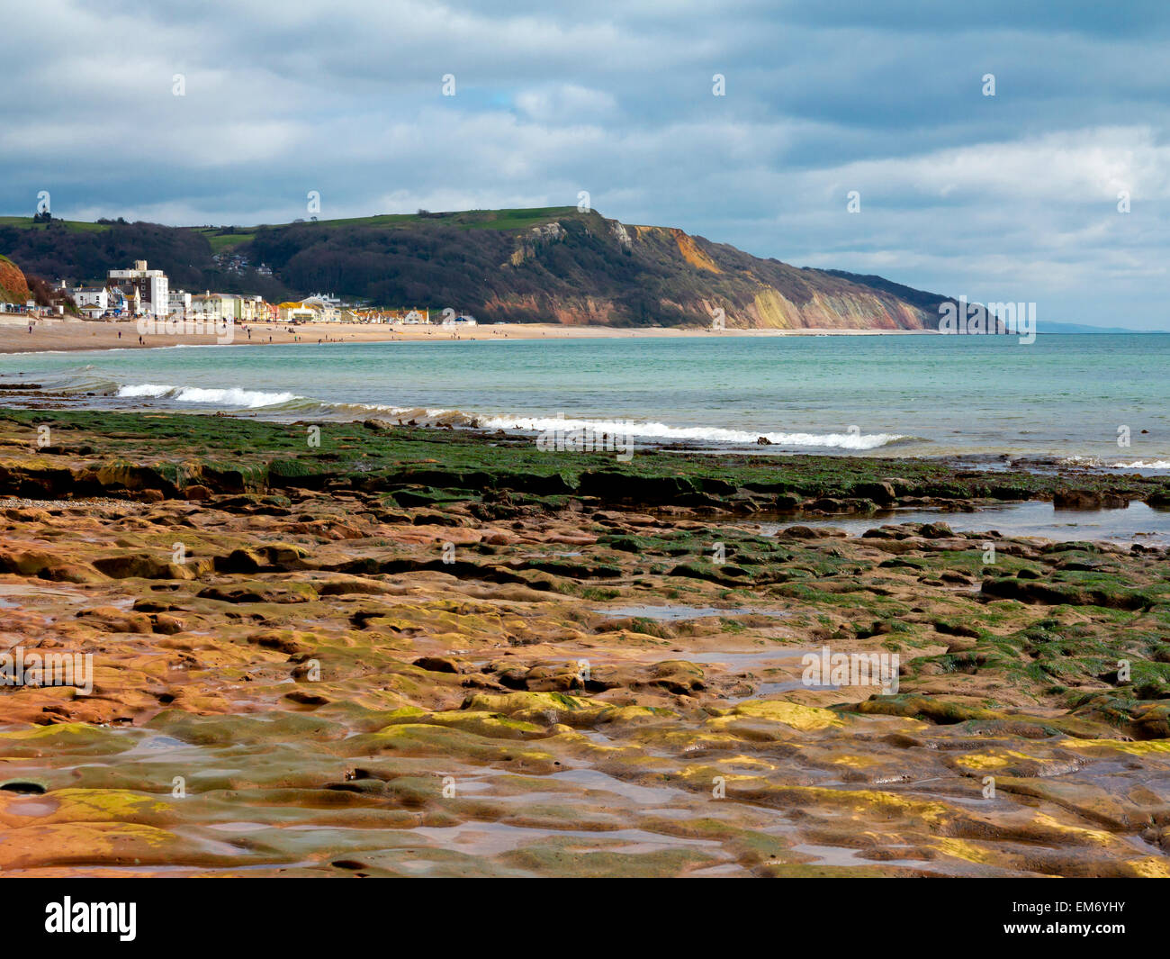 Una vista presa da un onda di piattaforma di taglio sulla spiaggia e guardando ad est verso la località di villeggiatura di Seaton Devon England Regno Unito Foto Stock
