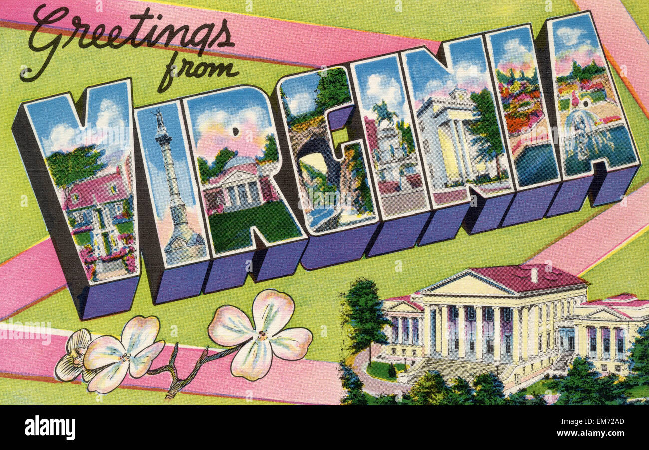Grande lettera 'saluti da Virginia ' membro Nome cartolina vintage ca. 1930-1940's Foto Stock