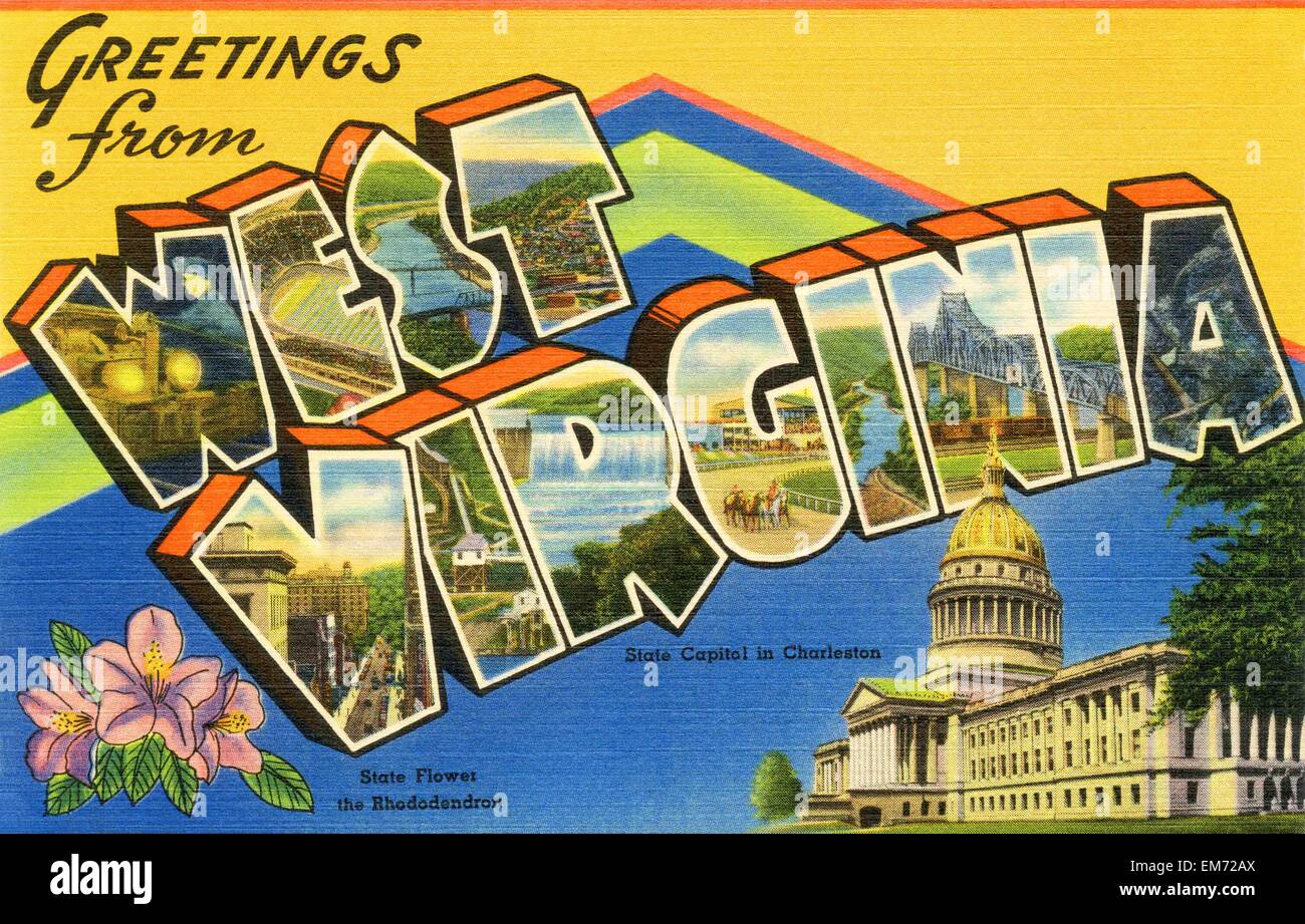 Grande lettera 'saluti da West Virginia ' membro Nome cartolina vintage ca. 1930-1940's Foto Stock