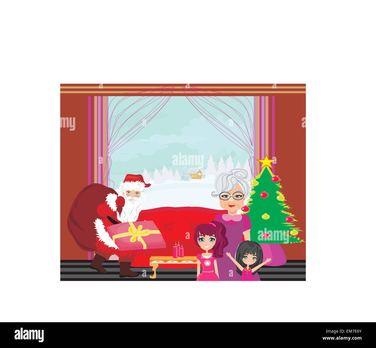 Nonna con nipoti in attesa di Babbo Natale Illustrazione Vettoriale