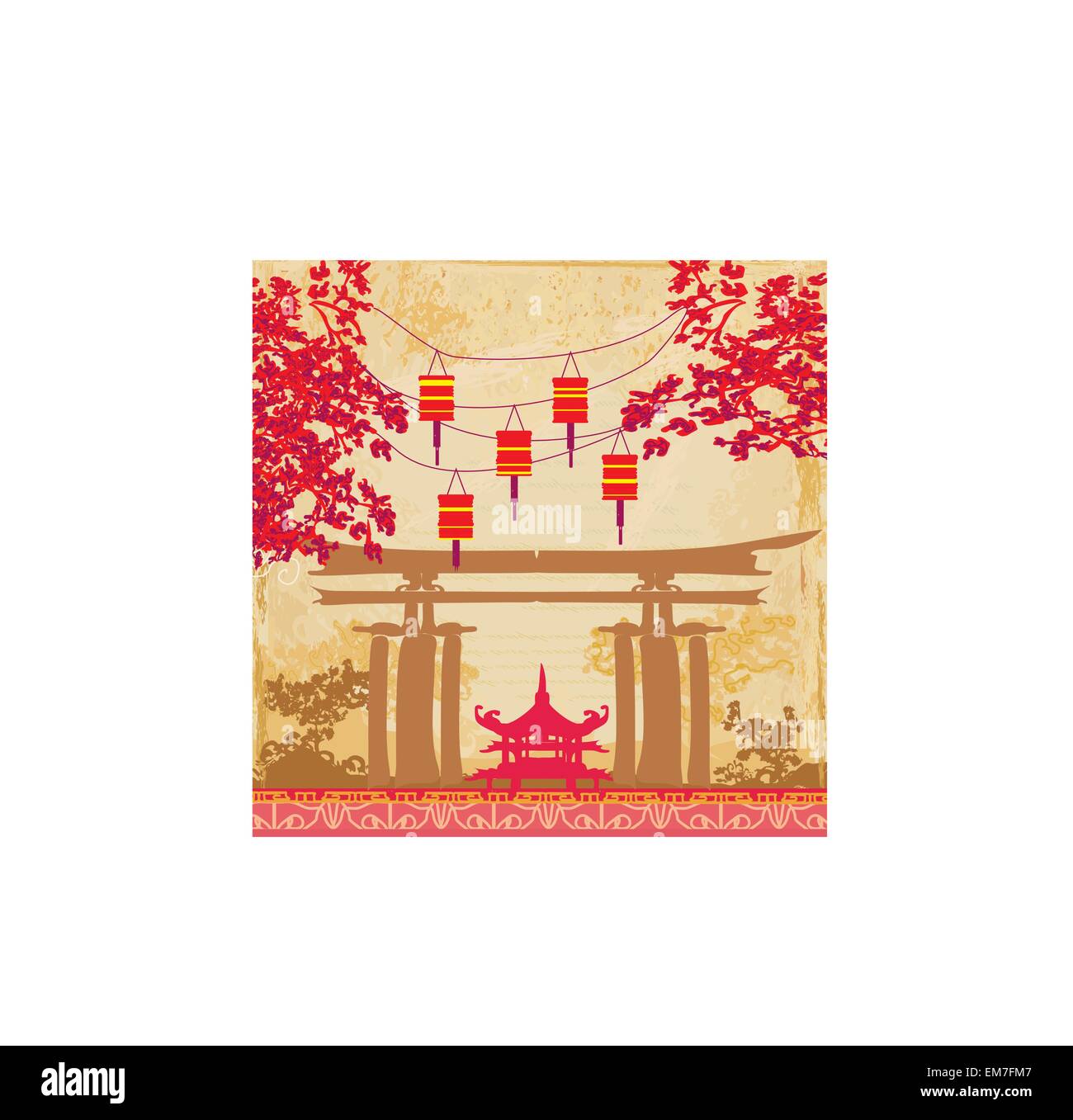 Capodanno cinese - Scheda di lanterne tradizionali e edifici asiatici Illustrazione Vettoriale