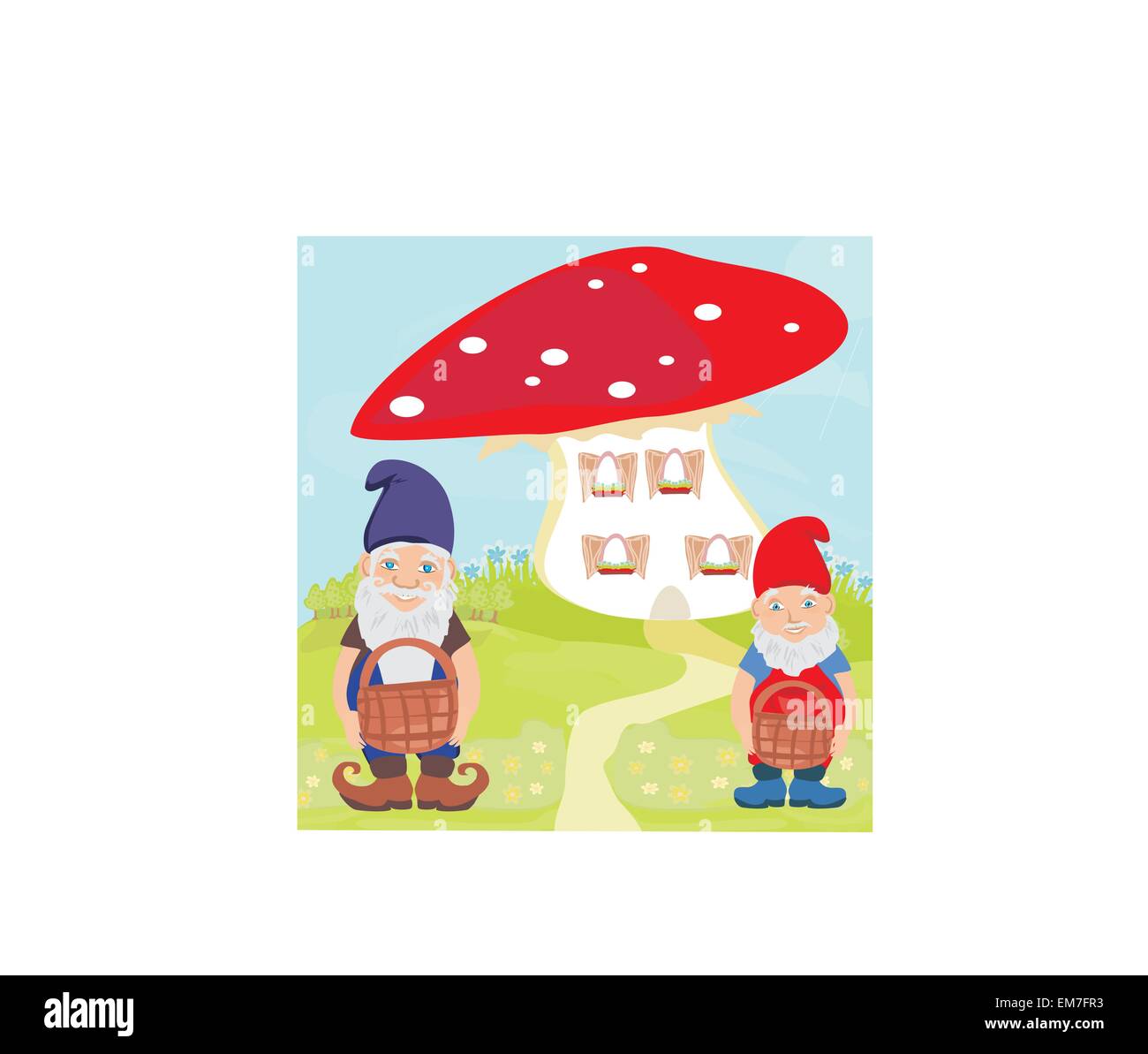 Funny cartoon casa a fungo e due buffi gnomi Illustrazione Vettoriale