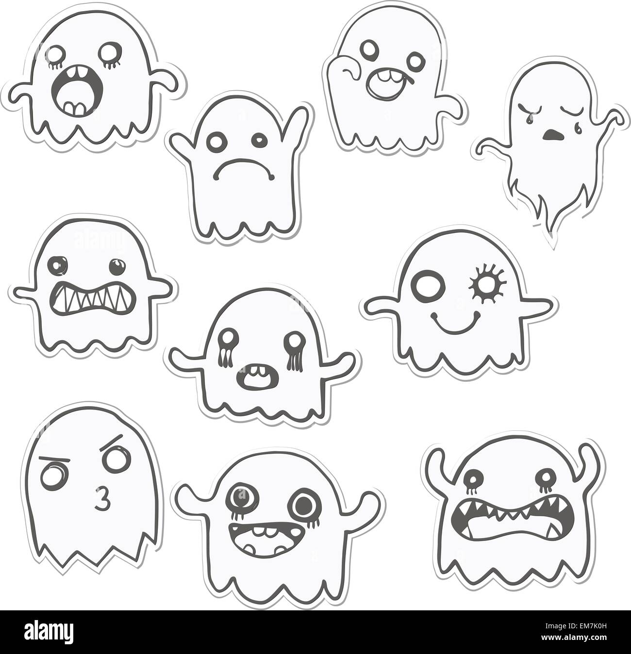 Set di 10 simpatici fantasmi di adesivi. Immagine vettoriale Illustrazione Vettoriale