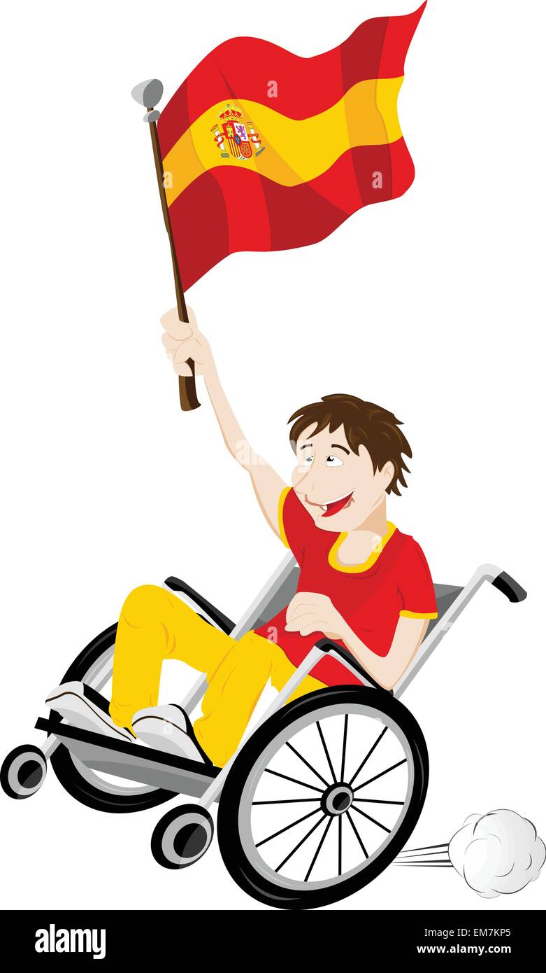 Spagna Sport sostenitore della ventola sulla sedia a rotelle con bandiera Illustrazione Vettoriale