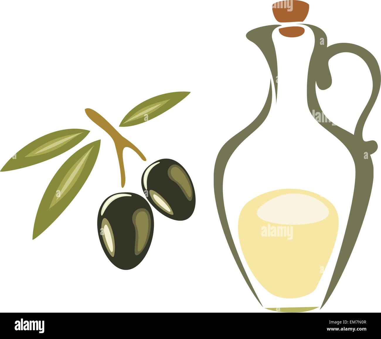 Stilizzata olive branch simbolo, bottiglia con olio d'oliva icona vettore isolato Illustrazione Vettoriale