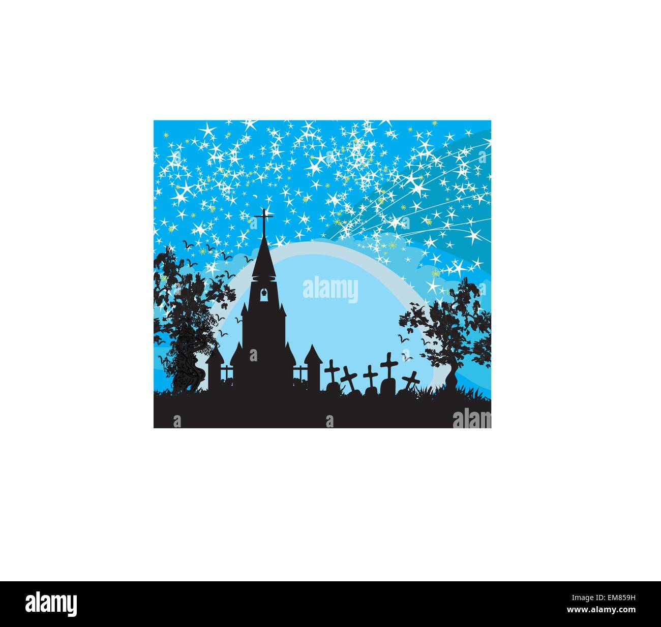 Sfondo di Halloween con una chiesa e cimitero Illustrazione Vettoriale