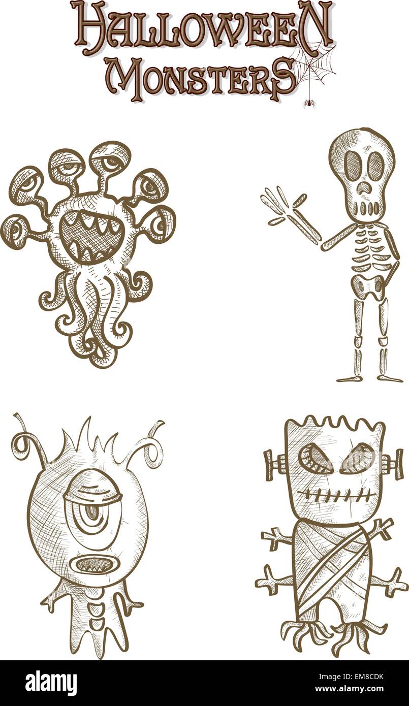 Mostri di Halloween scary sketch cartoni stile impostato EPS10 file. Illustrazione Vettoriale
