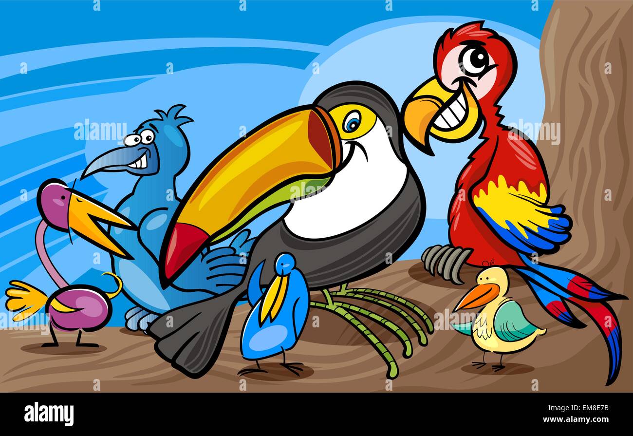 Uccelli esotici gruppo illustrazione cartoon Illustrazione Vettoriale