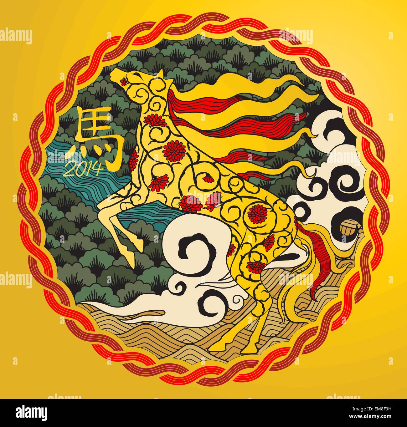 Anno del cavallo nella colorata con fondo oro Illustrazione Vettoriale