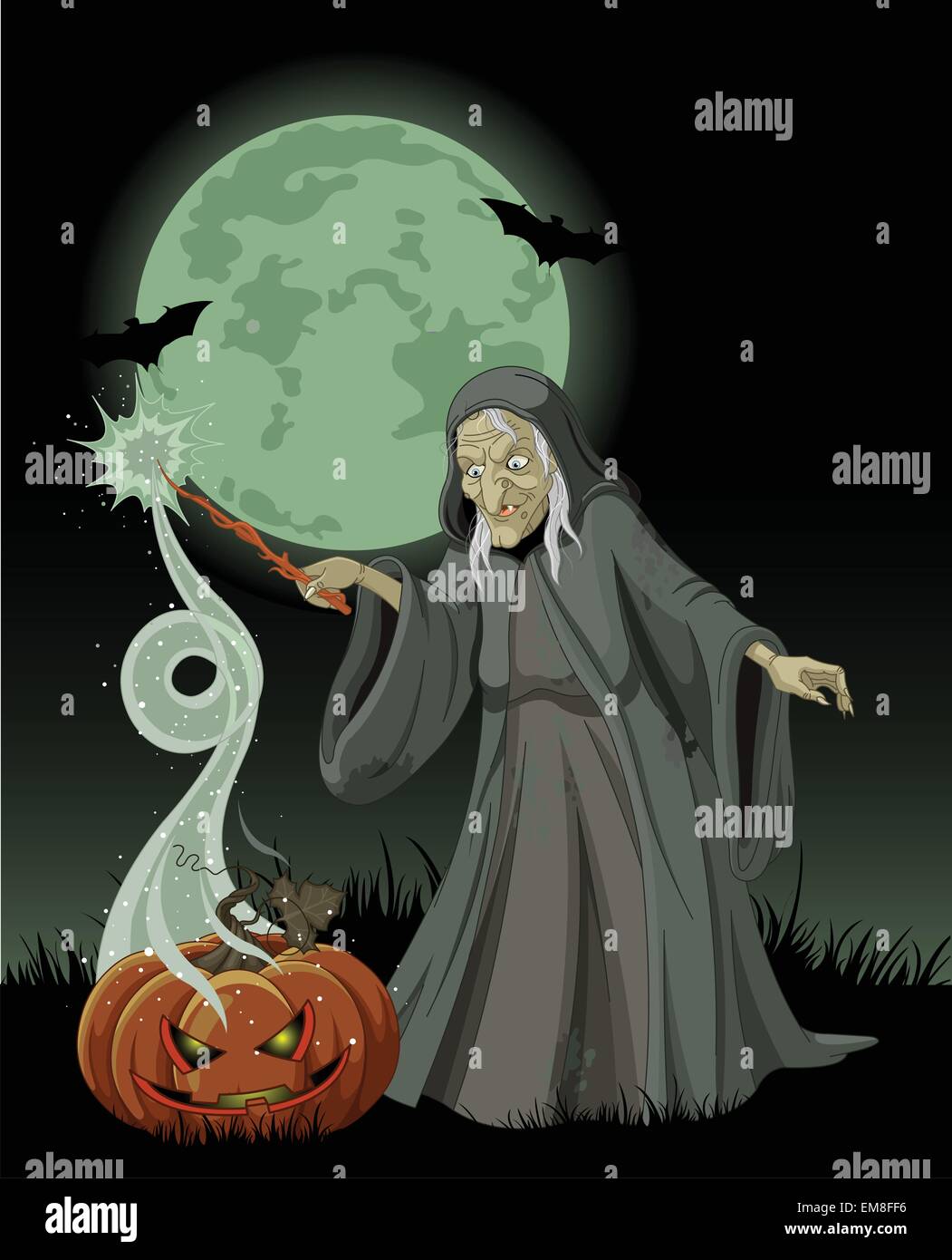 Halloween strega lancia un incantesimo Illustrazione Vettoriale