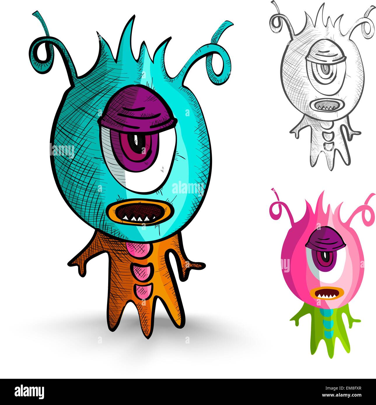 Mostri di Halloween isolato in stile sketch creature set. Illustrazione Vettoriale