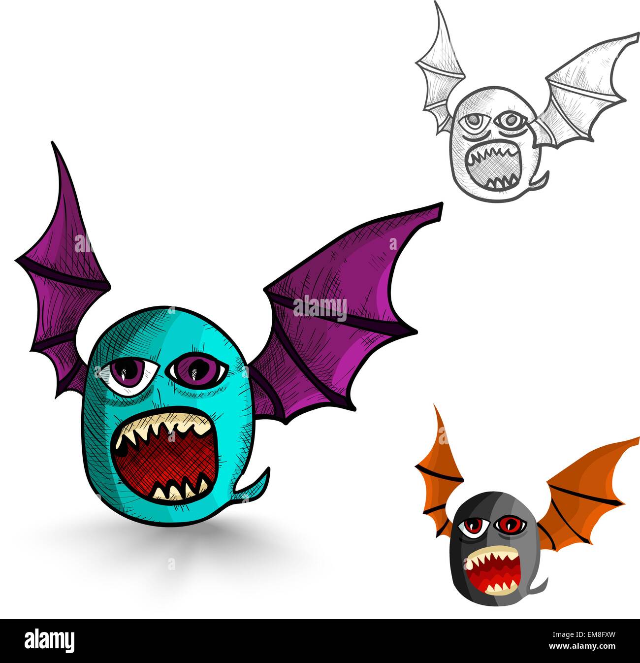 Mostri di Halloween isolato in stile sketch creature set. Illustrazione Vettoriale