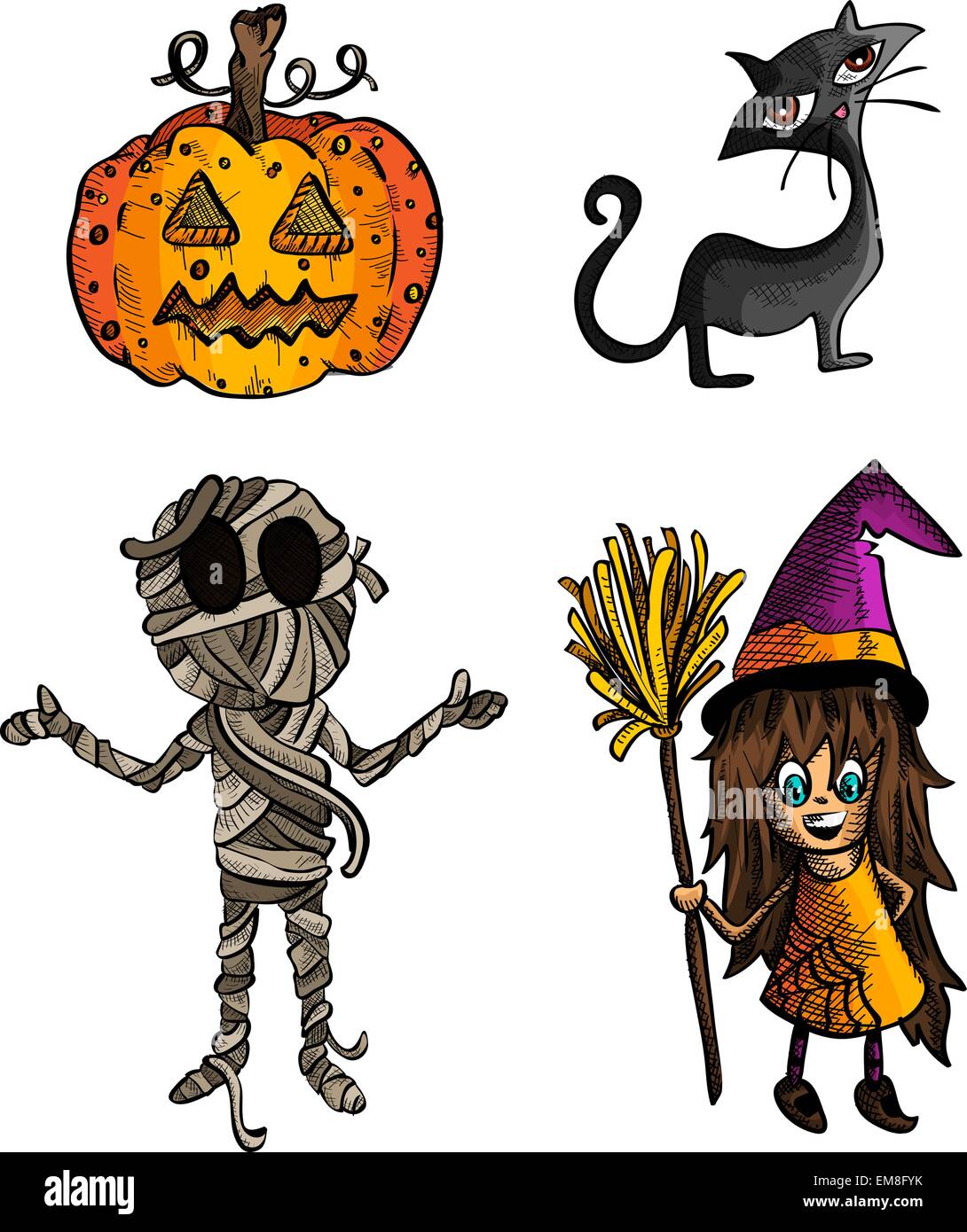Mostri di Halloween isolato in stile sketch creature set. Illustrazione Vettoriale