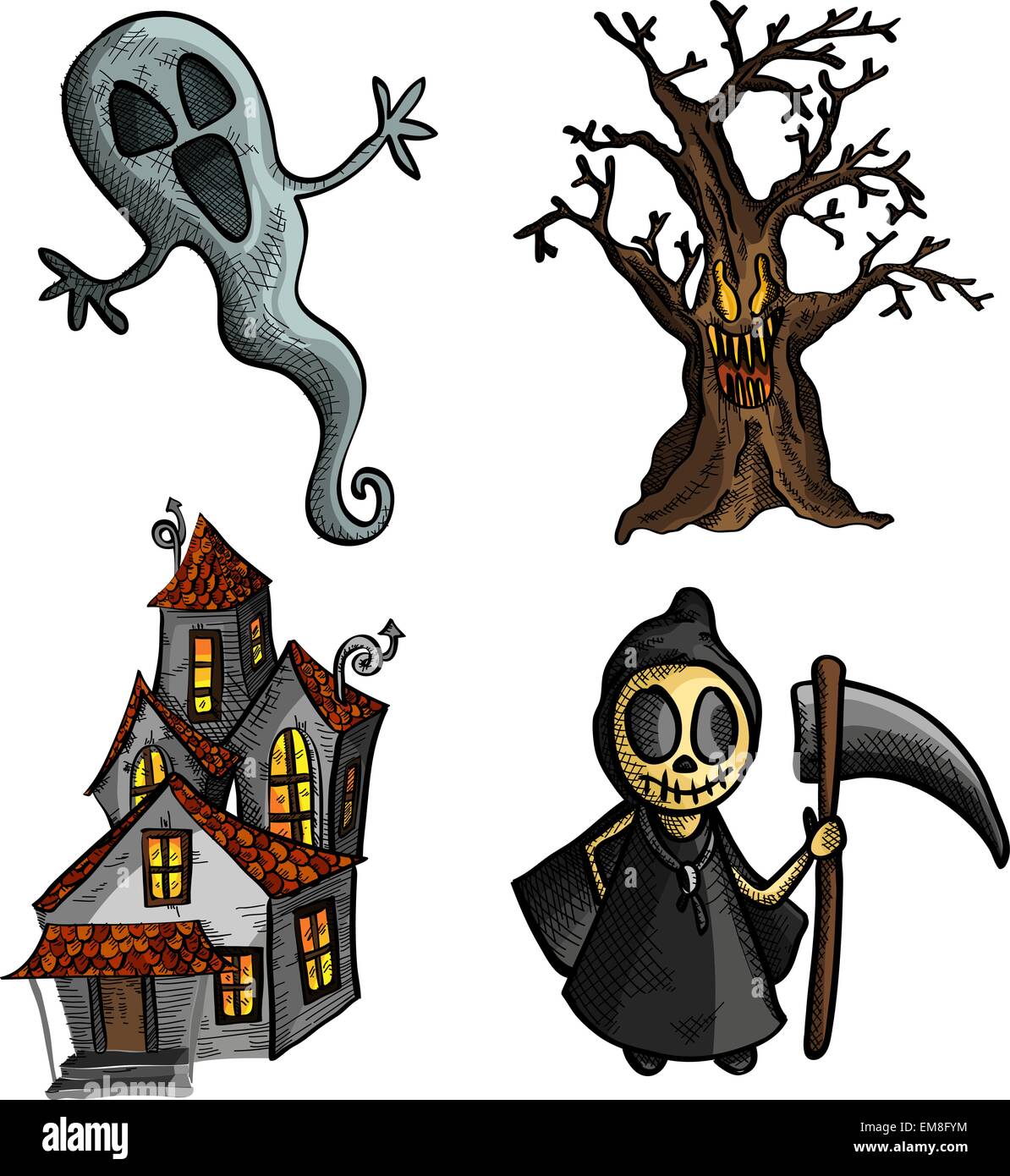 Mostri di Halloween isolato in stile sketch creature set. Illustrazione Vettoriale