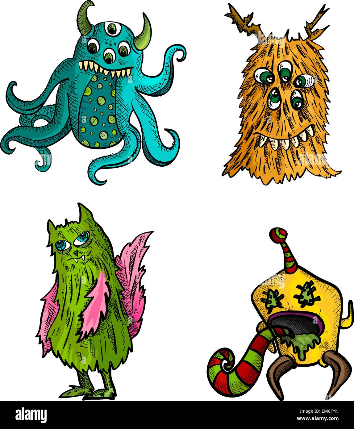 Mostri di Halloween isolato in stile sketch creature set. Illustrazione Vettoriale