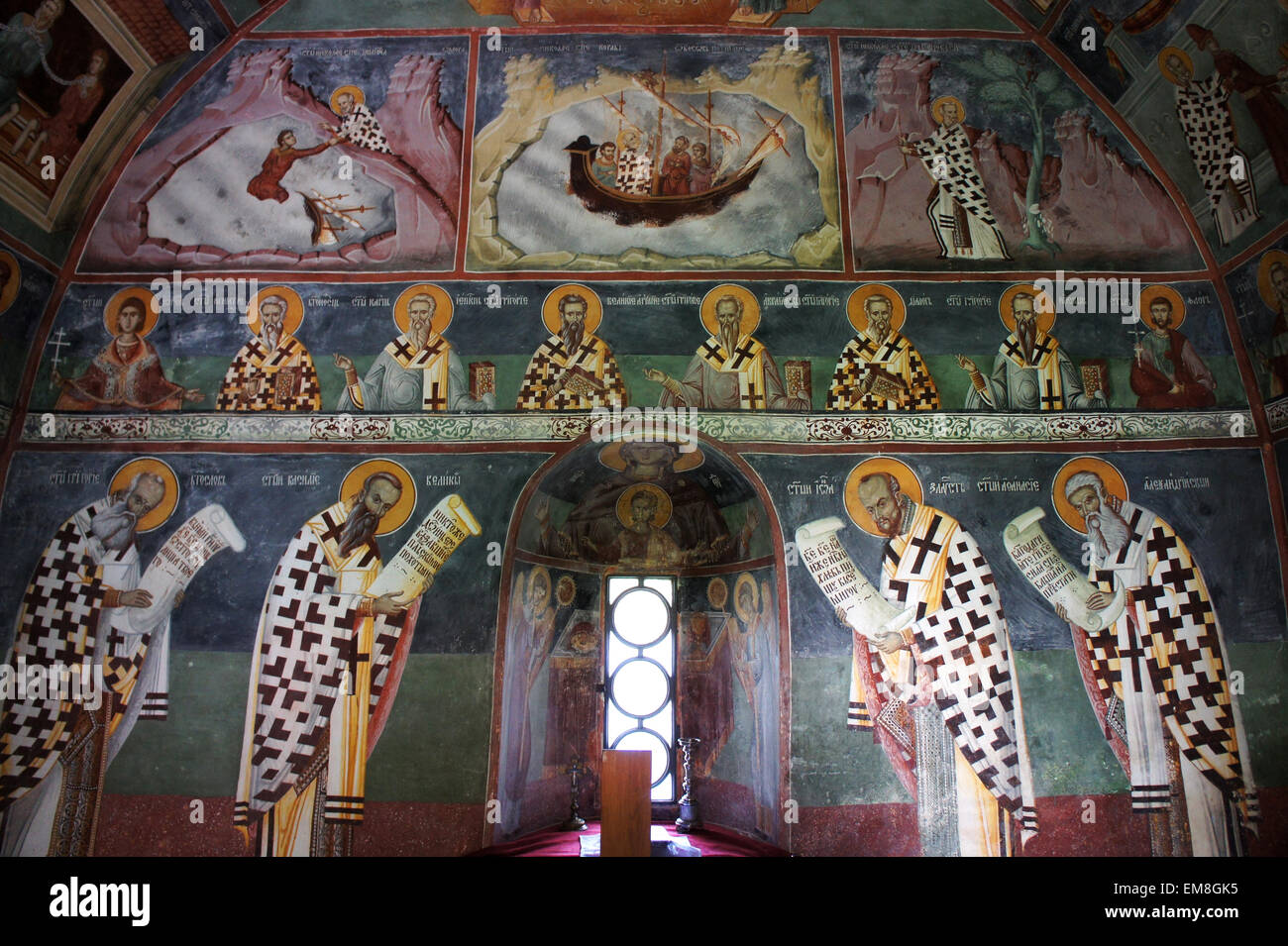 Gli affreschi all'interno Chiesa e Monastero di Moraca, Montenegro Foto Stock