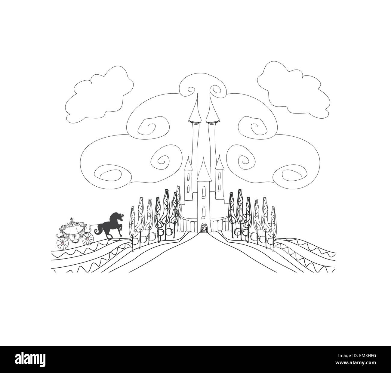 Silhouette di una carrozza a cavallo e un castello medievale - disegnare a mano Illustrazione Vettoriale