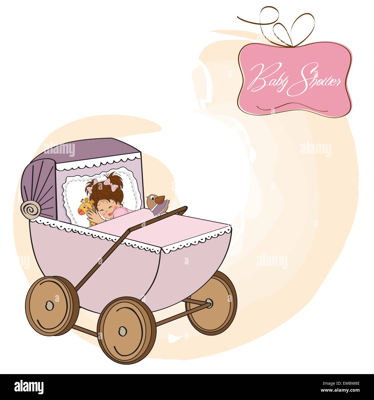 Baby girl doccia carta con retro strolller Illustrazione Vettoriale