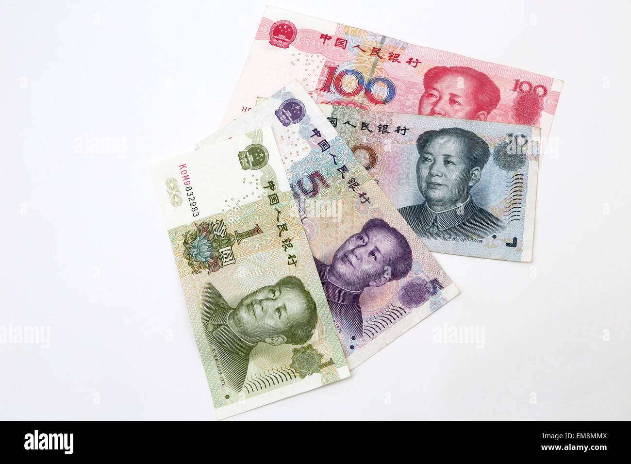 Banconote cinesi 1, 5, 10100 Renminbi Yuan tutti mostrando facce raffiguranti Mao Zedong Foto Stock