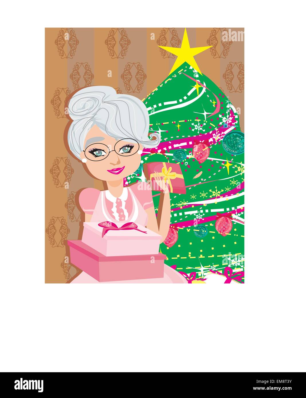 Una donna anziana sullo sfondo di un albero di Natale con Chr Illustrazione Vettoriale