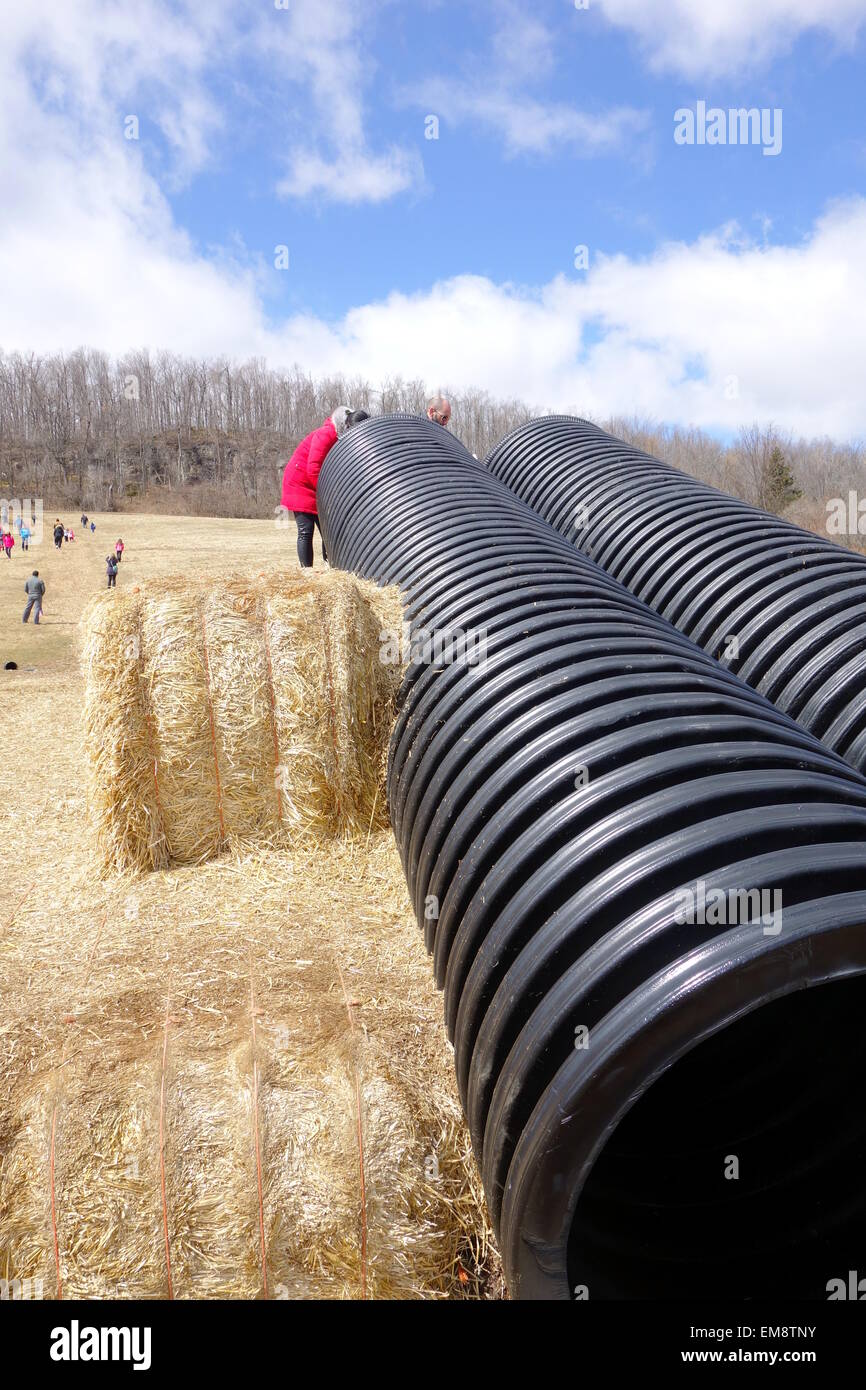 Tubi in gomma e il fieno a frm in Ontario, Canada Foto Stock