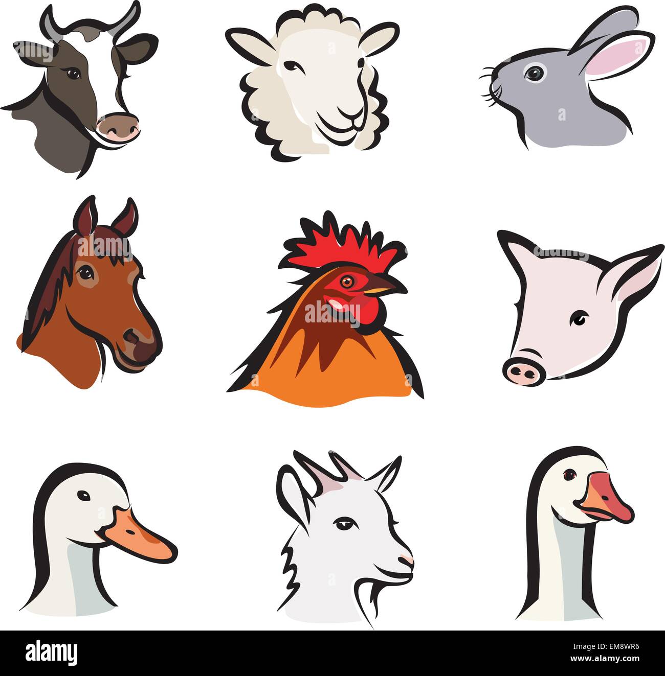 Gli animali della fattoria, set di icone vettoriali, isolato ritratti Illustrazione Vettoriale