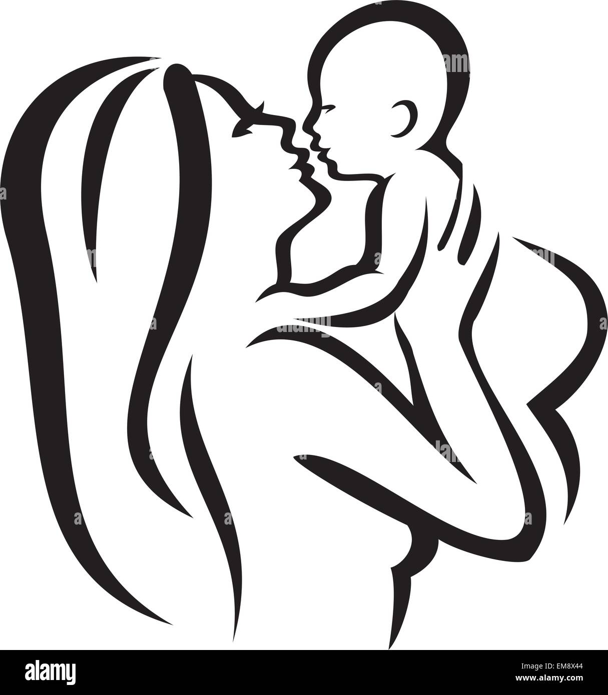 La madre e il bambino vettore silhouette, schizzo in linee nere Illustrazione Vettoriale