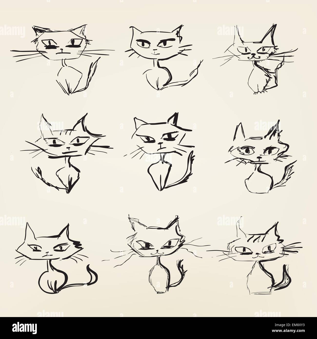 Disegnata a mano scorbutico vettore gatti raccolta di icone Illustrazione Vettoriale