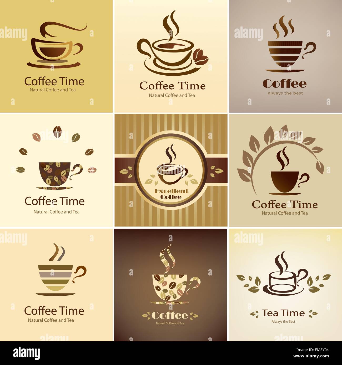 Cafe emblema raccolta, set di tazze da caffè icone Illustrazione Vettoriale