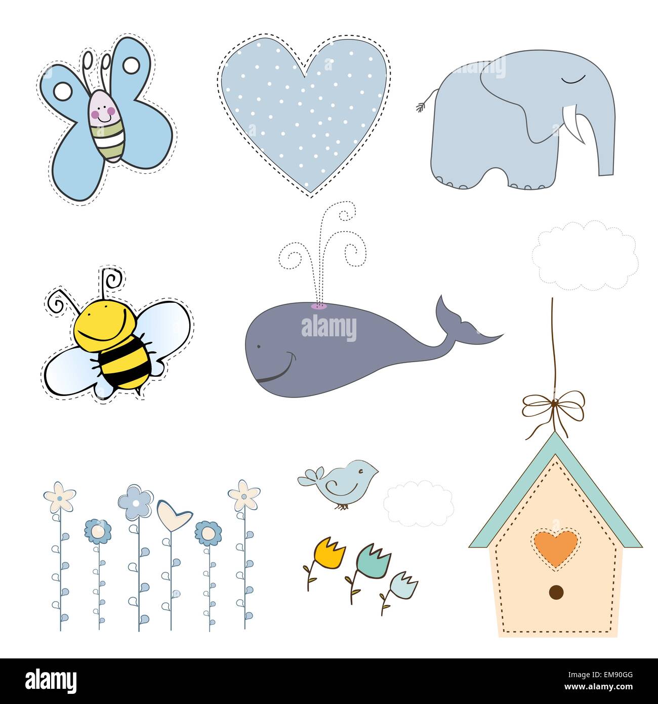 Nuovo baby boy set di elementi isolati su sfondo bianco Illustrazione Vettoriale