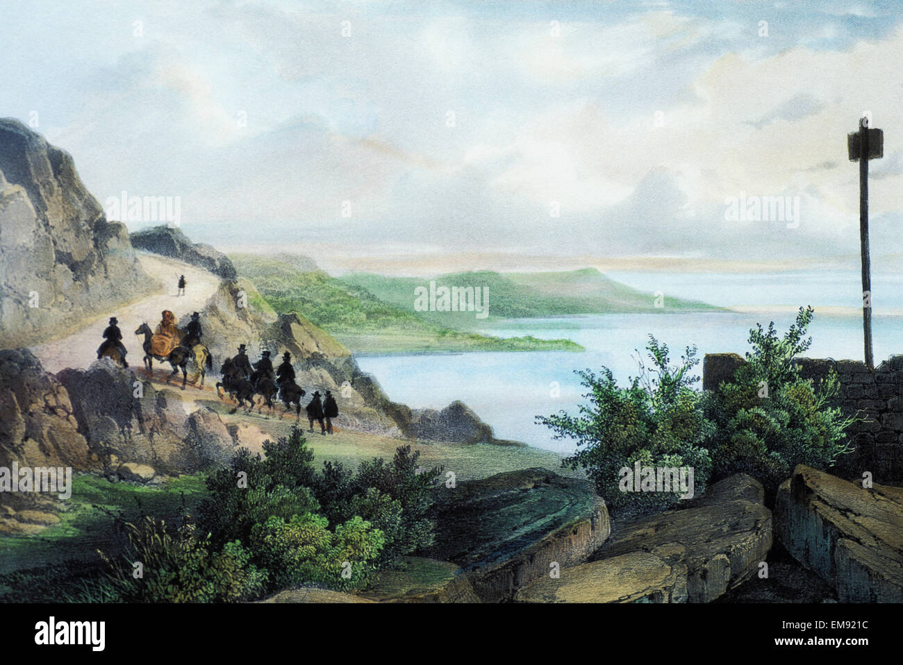 C.1836 Arte/illustrazione libraria, Big Island, uomini a cavallo nei pressi di un monumento al Capitano Cook. Foto Stock
