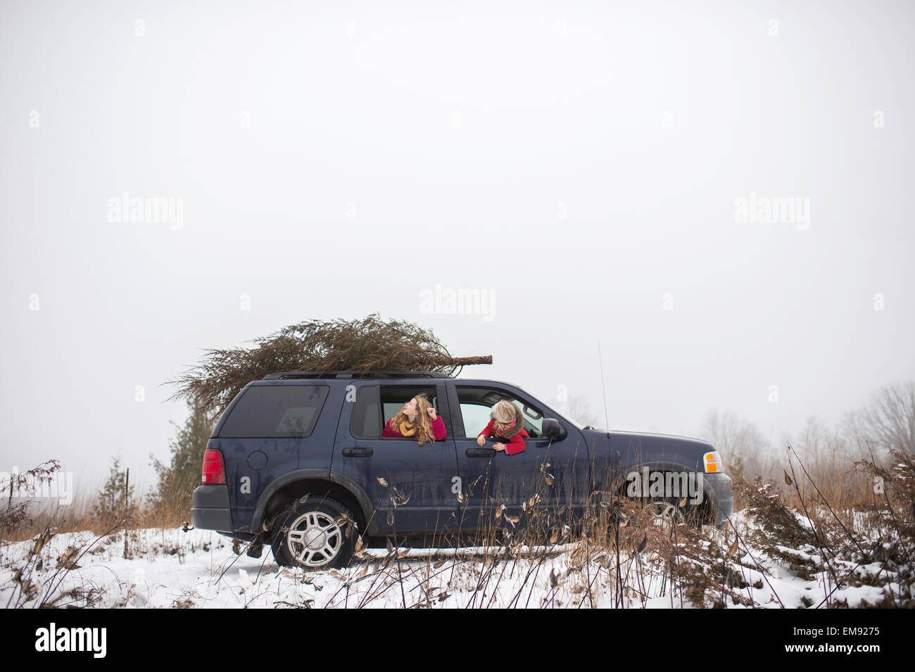 Due ragazze in auto con albero di natale sul tetto Foto Stock