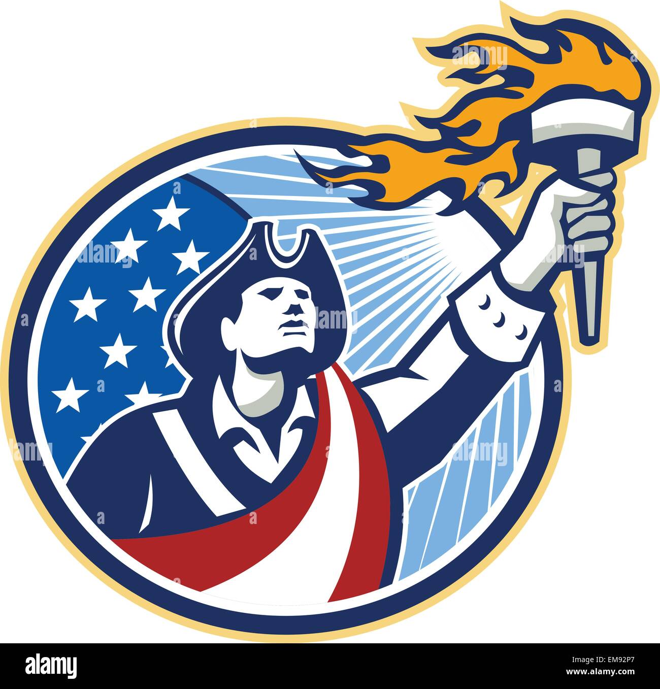 American Patriot tenendo la torcia stelle strisce bandiera Illustrazione Vettoriale