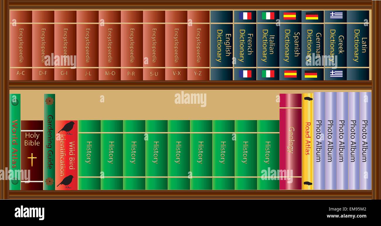 Una libreria piena di libri di riferimento, dizionari, album fotografici e atlanti Illustrazione Vettoriale
