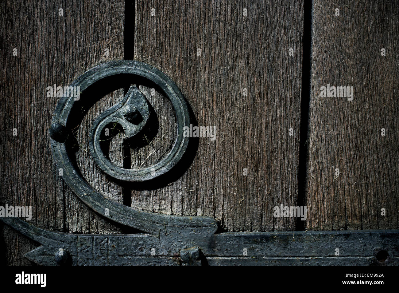 Molto vecchio fabbro, fatta a mano in ferro metallico sulla cerniera in legno di rovere porta fino in prossimità dell'immagine. Foto Stock