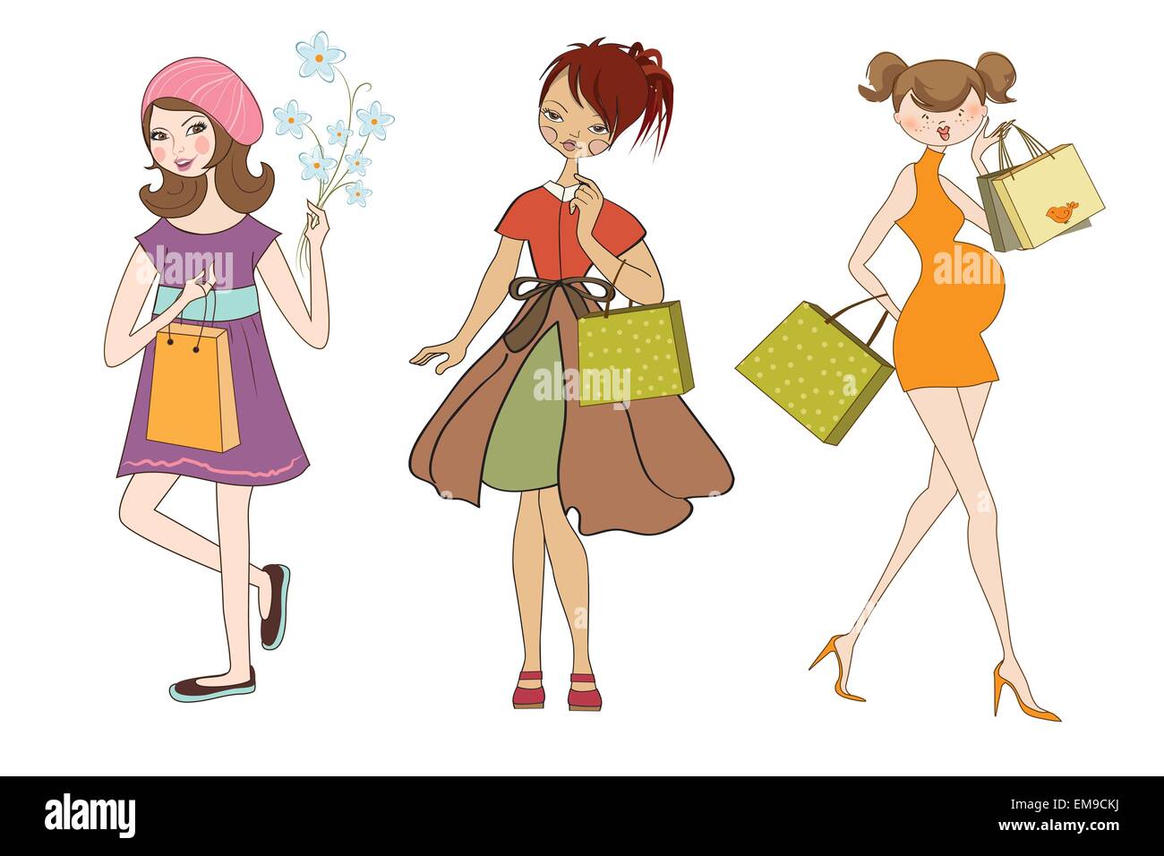 Set di tre giovani ragazze a shopping isolato su bianco backgroun Illustrazione Vettoriale