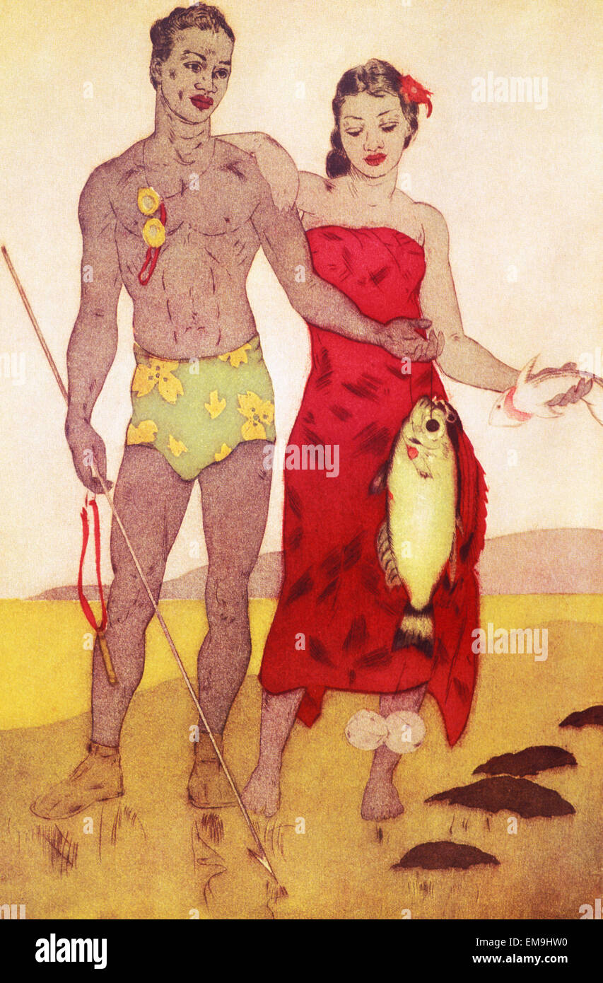 Illustrazione di archiviazione, Native Hawaiian l uomo e la donna stanno insieme tenendo il pesce appena pescato, John Kelly pittura. Foto Stock