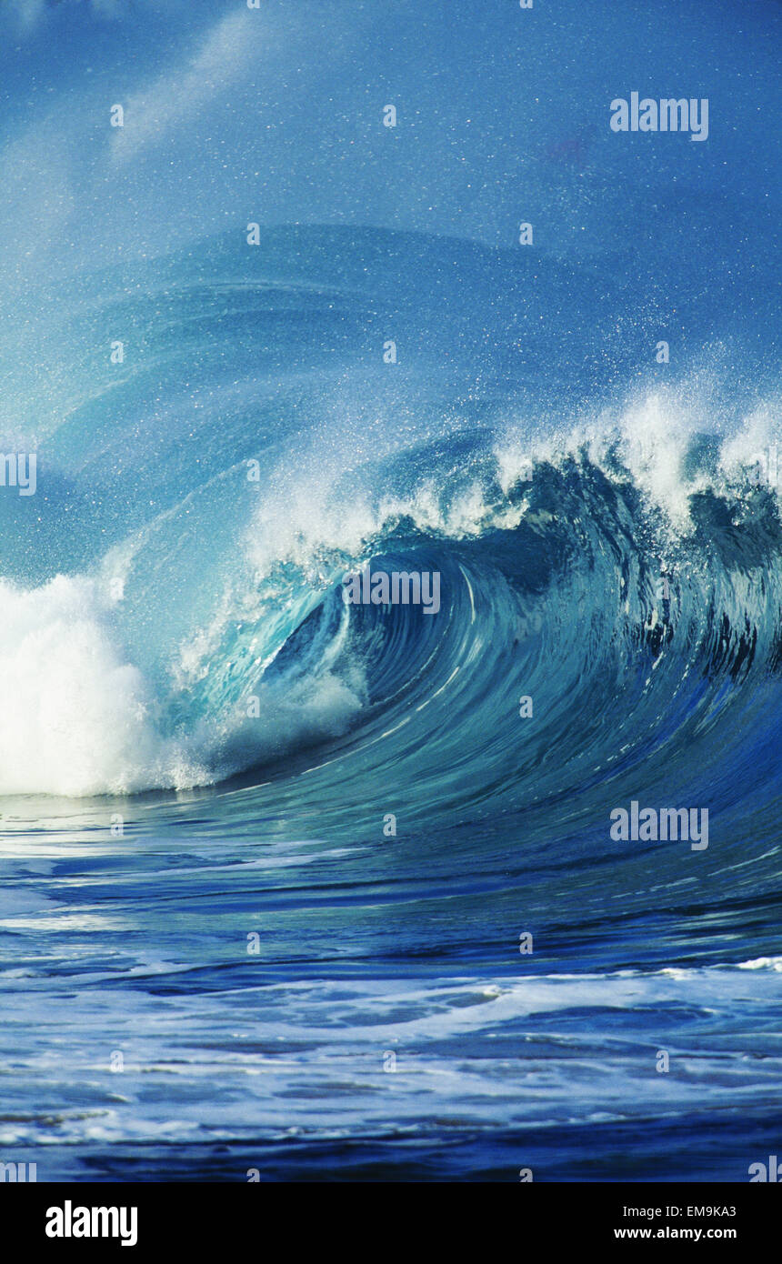 Hawaii, Oahu, Waimea Bay; grande onda Curling e blocca Foto Stock