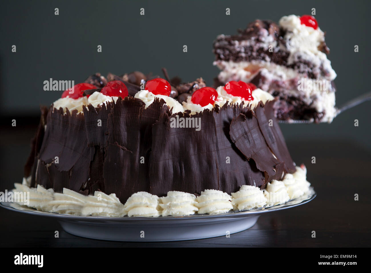 Torta al cioccolato con panna e ciliegie, essendo servito. Foto Stock