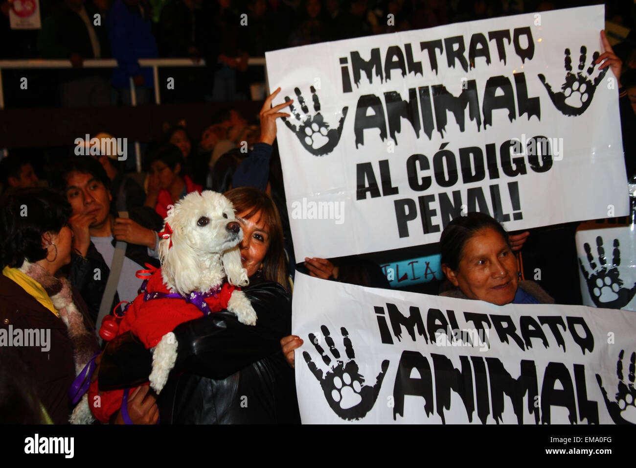 La Paz, Bolivia, 17 aprile 2015. I diritti degli animali gli attivisti chiedere al governo di approvare le leggi che proteggono gli animali da abuso e la tratta di esseri umani e di aumentare le pene per coloro che sono giudicati colpevoli di crudeltà verso gli animali. Credito: James Brunker / Alamy Live News Foto Stock