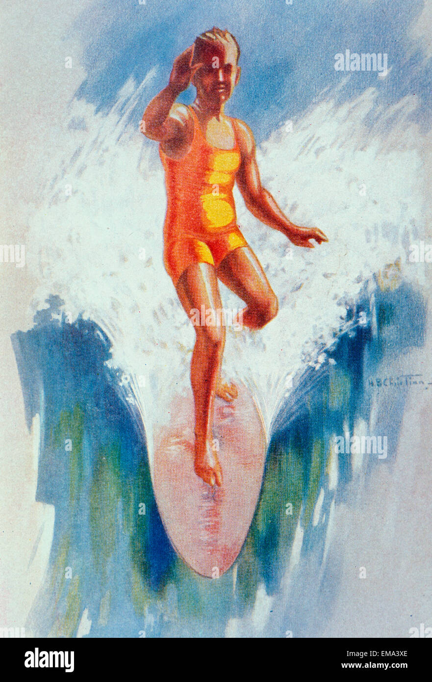 C.1926 H. B. L'arte cristiana, vista frontale del Surfer In HAWAII, la cattura di Onda, Up braccio Foto Stock