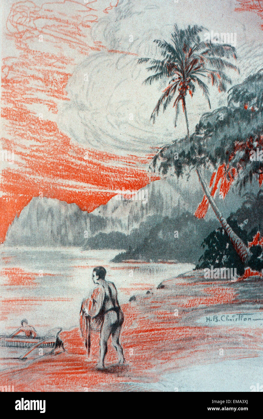 C.1926 Hawaii, H. B. L'arte cristiana, bicromia illustrazione di Net pescatore sulla spiaggia Foto Stock