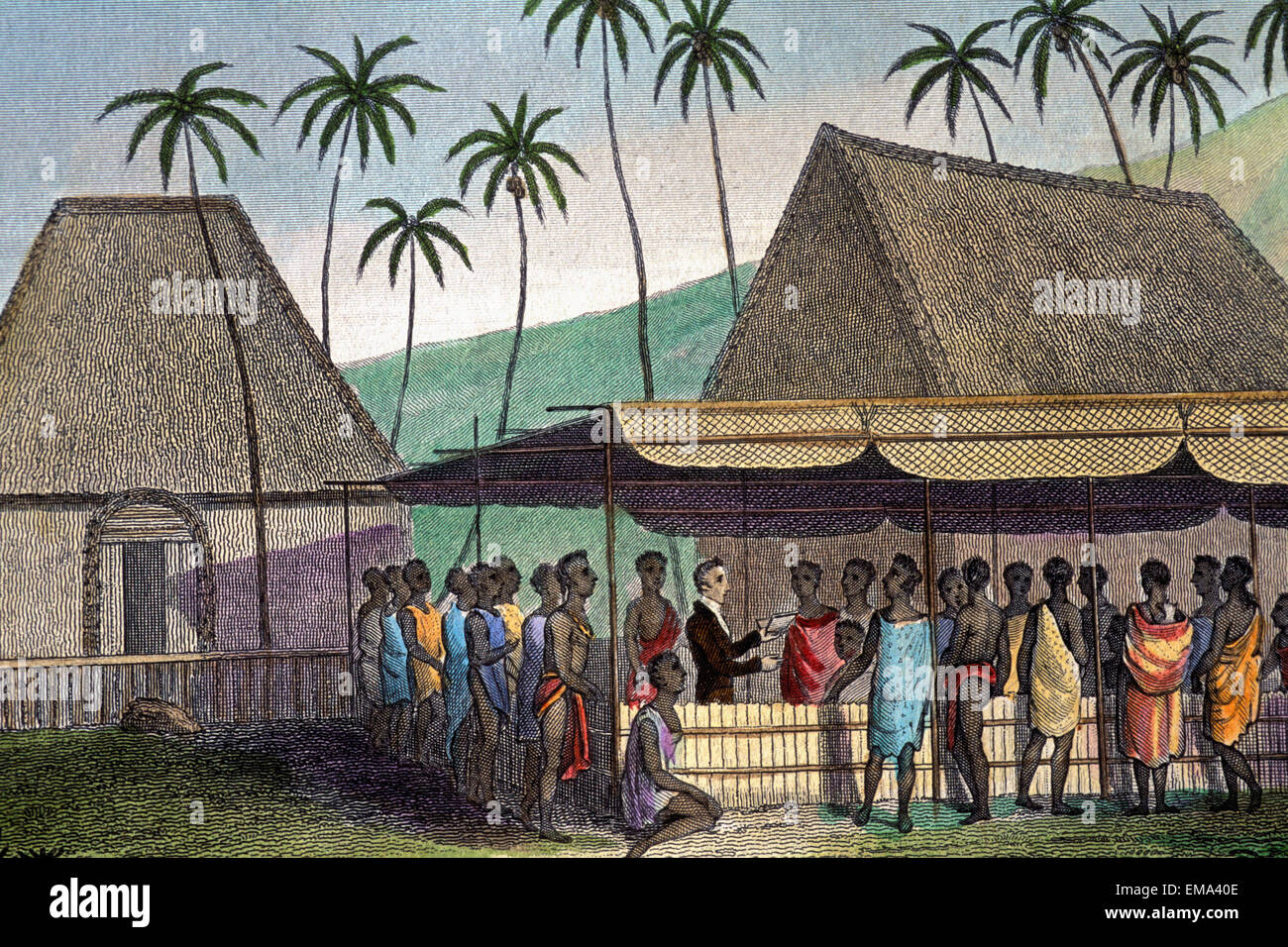 C.1826 Cwm Ellis, prenota illustrazione, la predicazione missionaria al popolo nativo Foto Stock