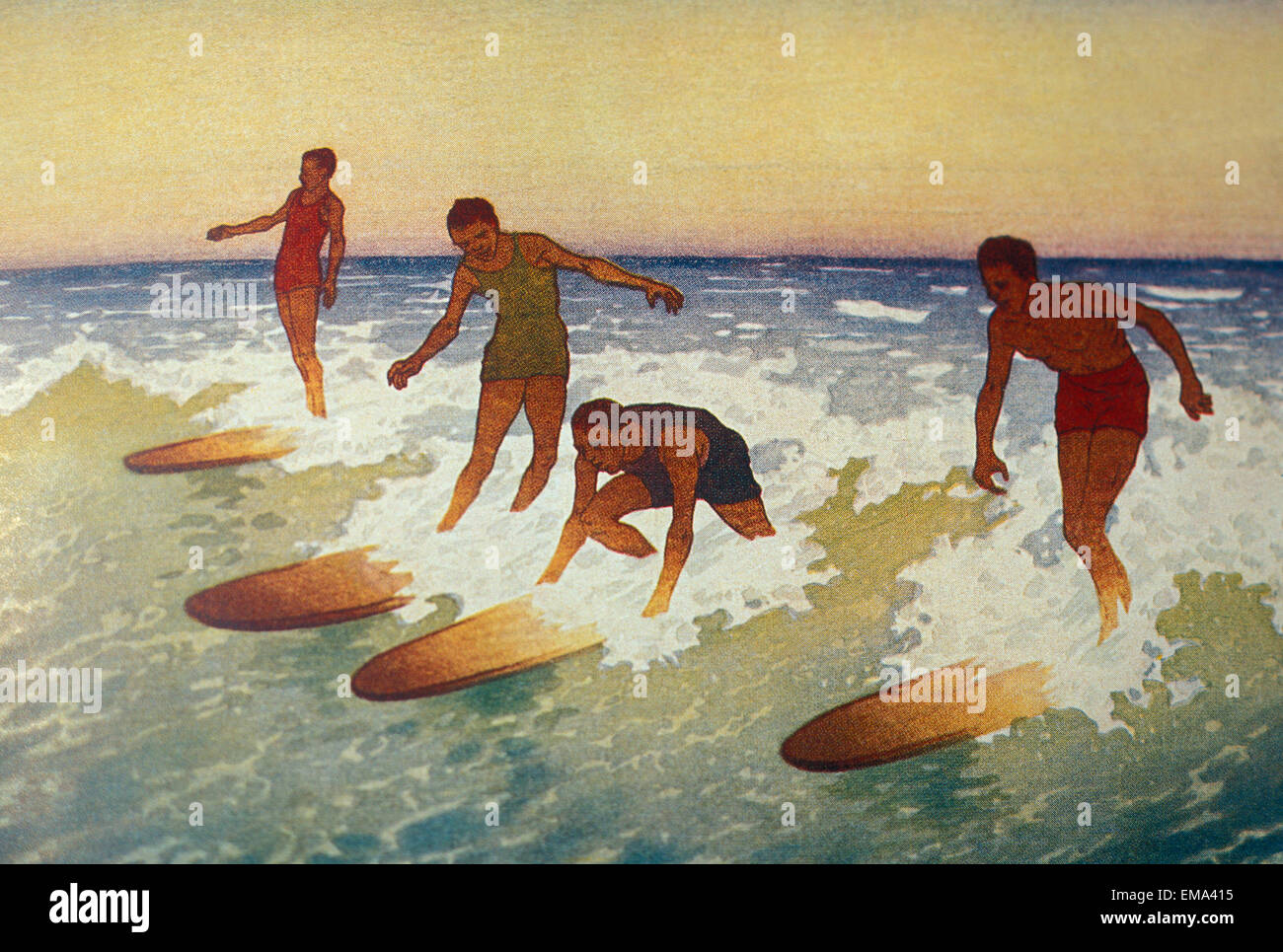 C.1927 Hawaii, pittura, Charles Bartlett, 4 Surfers cattura un'onda Foto Stock