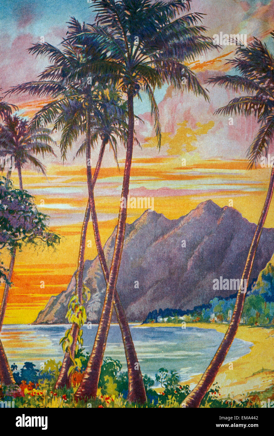 C.1928 Hawaii, arte, tramonto tropicale, palme, scogliere, Riva Foto Stock